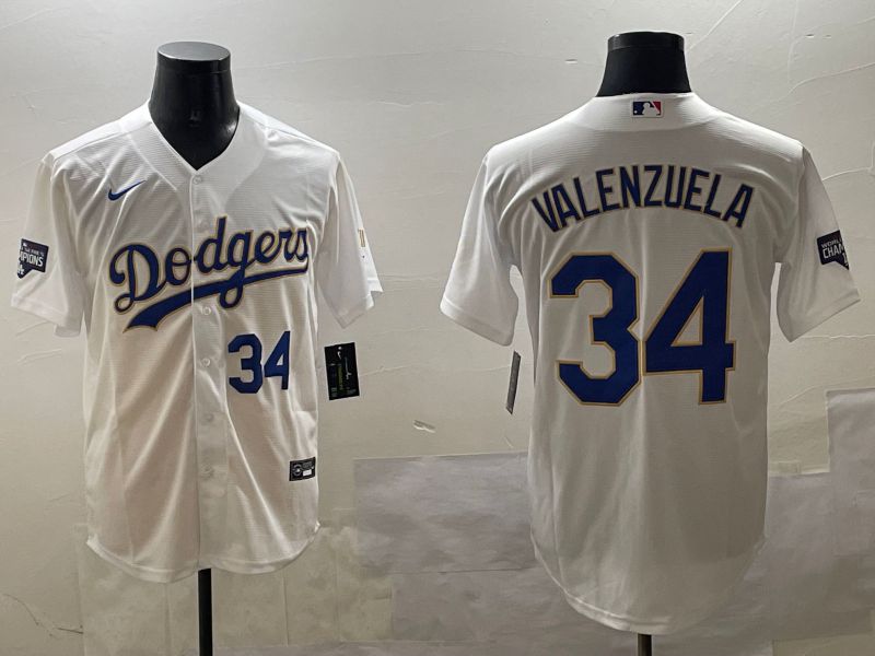 Men Los Angeles Dodgers #34 Valenzuela White blue Gold Game 2025 Nike MLB Jersey style 12